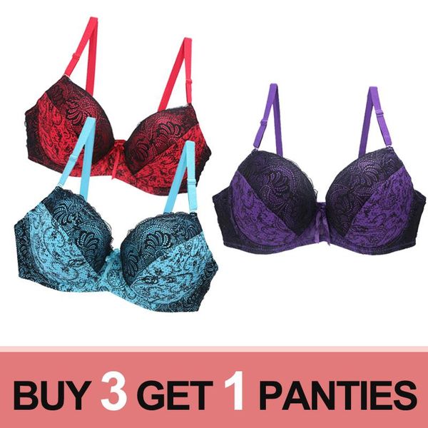 

3pcs/lot large size bras for women push up bra lace brassiere lingerie bralette ultra-thin large cup d e f underwire underwear, Red;black