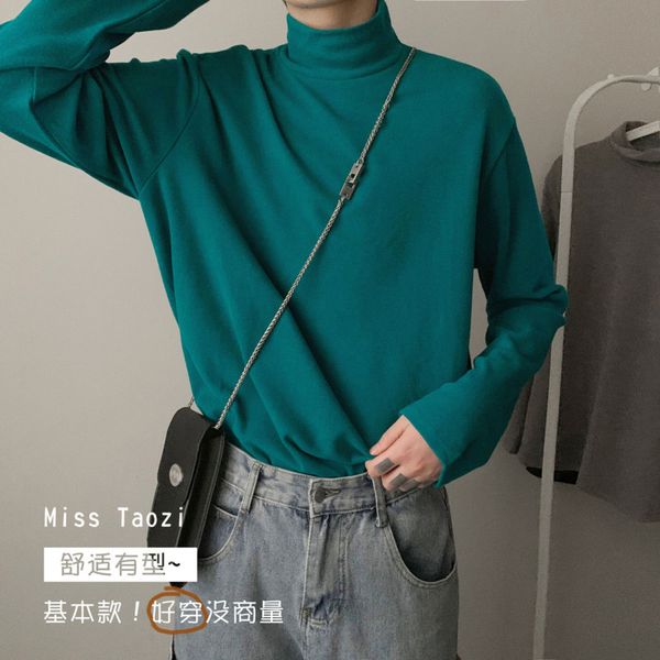 

2021 new autumn winter stand-up collar t shirt men's warmth fashion casual t-shirt men streetwear loose korean long-sleeved tshirt mens, White;black