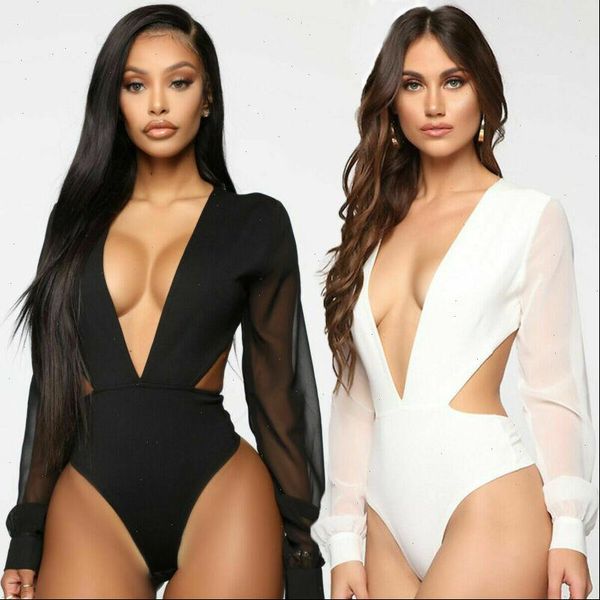 

women deep v long sleeve bodysuit romper jumpsuit leotard blouse drop shipping good quality, Black;white