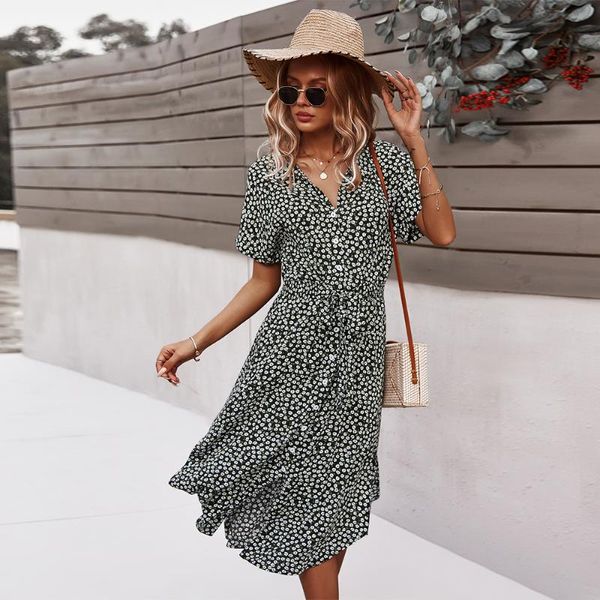 

casual dresses gxds summer dress women 2021 button long viscose printing fashion vestidos sashes short sleeve party clothing, Black;gray