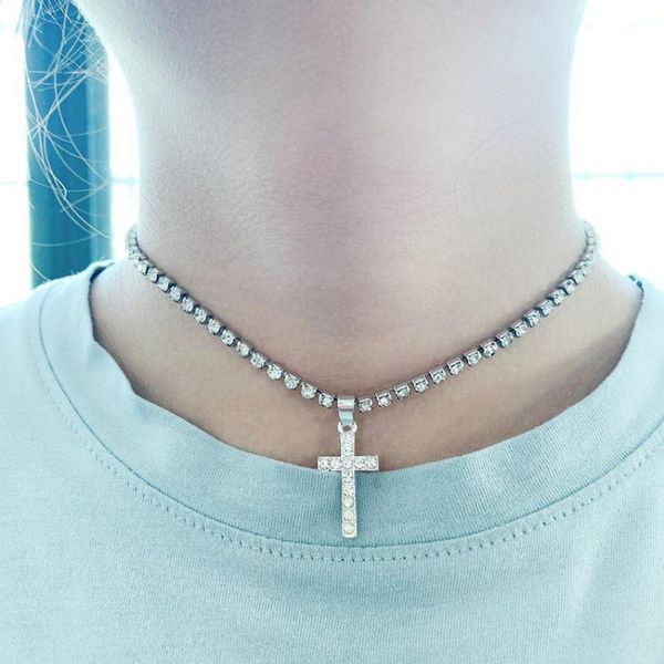 

pendant necklaces colgante de cruz brillante con mariposa para mujer, collar diamantes imitaciÃ³n cadena tenis cristal, Silver