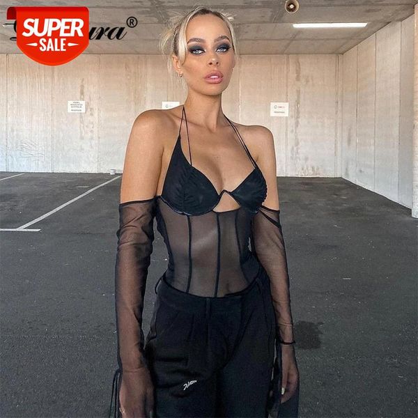 

dulzura mesh patchwork women halter corset sheer see through bustier ruched off shoulder streetwear club #qe5r, White