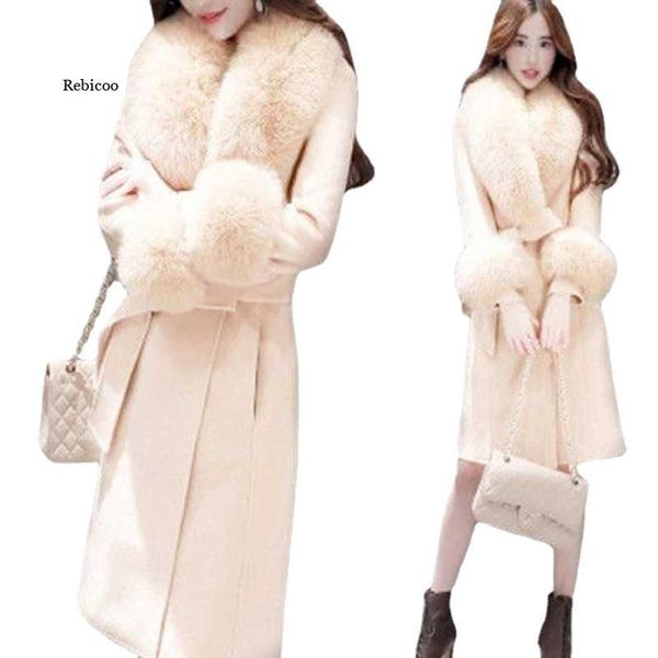 

women's wool & blends woolen coat mid-length slim lace-up women fur collar autumn winter detachable, Black