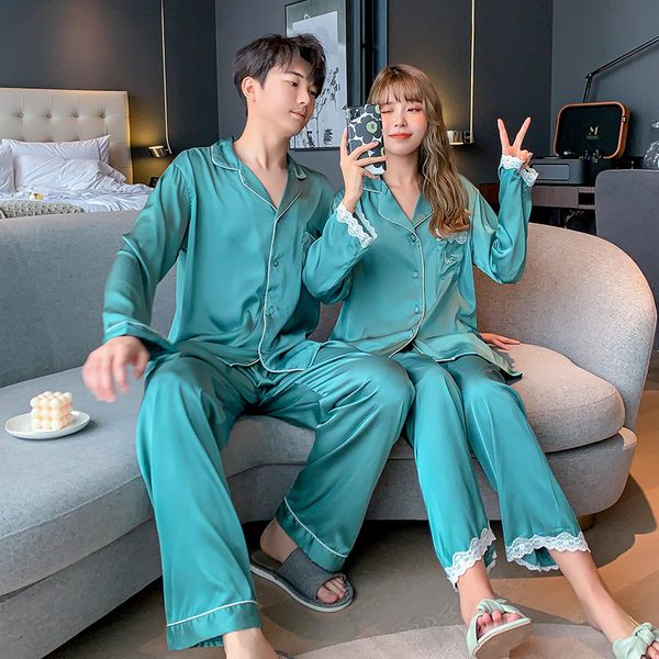 

spring lovers silk satin pajama set couples long sleeve pants male sleepwear women men wedding nightwear homewear, Black;red