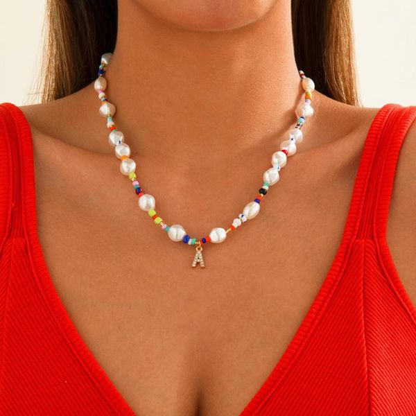 

chains ingemark boho vintage crystal a letter pendant necklace for women short boutique bead chain charm christmas y2k jewelry gift, Silver
