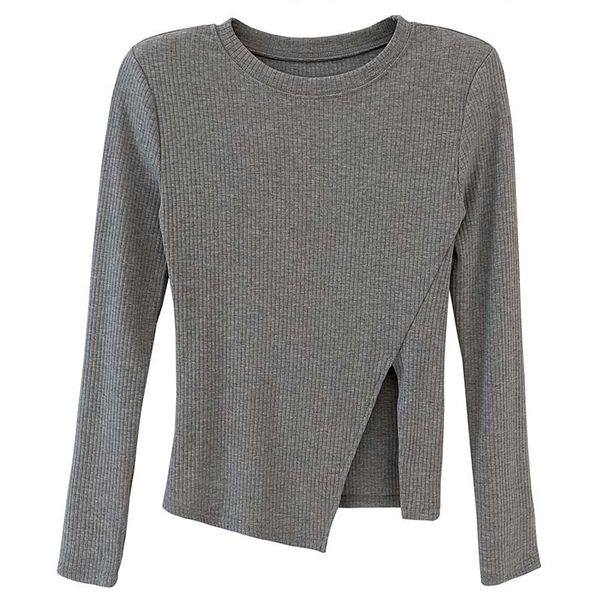 

2021 new mooirue spring korean style women knitted shirt o neck solid color side oblique splited slim pink gray white jp15, White;black