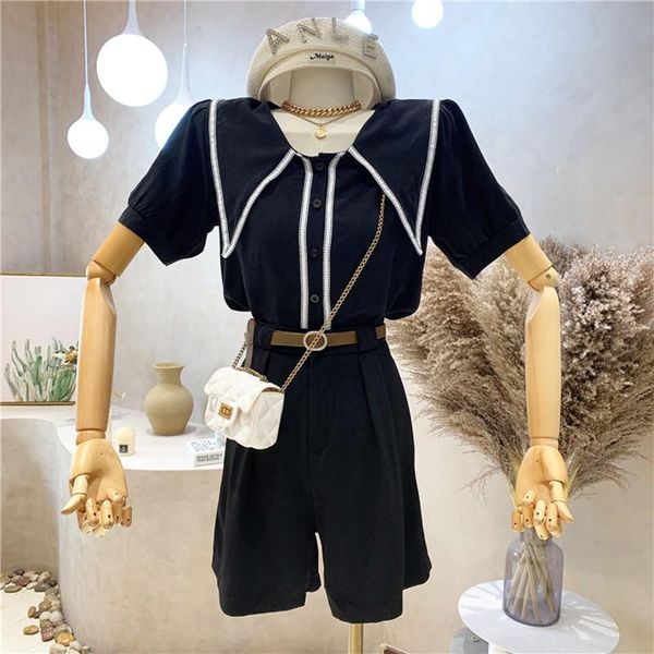 

women's tracksuits niche design clothing summer 2021 polka dot puff short sleeve shirt + high waist wide leg shorts two piece set, Gray
