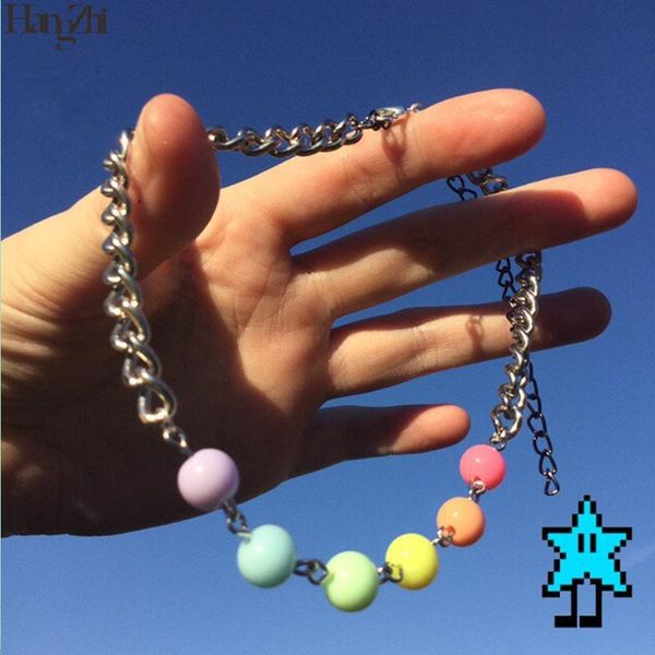 

hangzhi 2021 new colorful resin beads stripe balls hip hop short choker necklace for women jewelry street fashion personality, Golden;silver