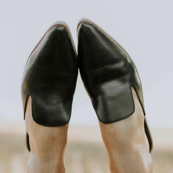 

slippers pointed toe shoes women sandals low block heels pu leather patchwork round vintage girls, Black