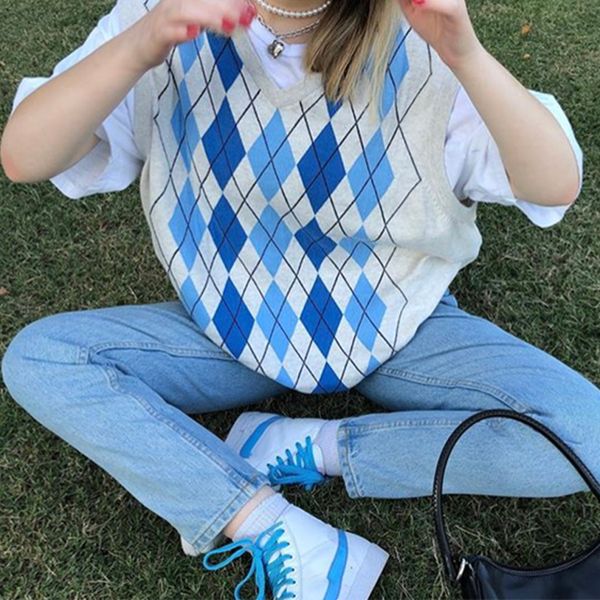 

2021 new vintage geometric graphic knitted women casual sleeveless pullovers sweater female autumn winter retro tank otiy, White;black