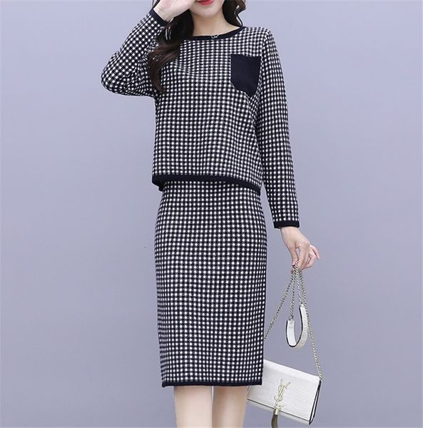 

2 cbafu plaid piece women autumn knitted long sleeve sweater and pullovers elastic waist skirt suit knitting set 0z72, Gray