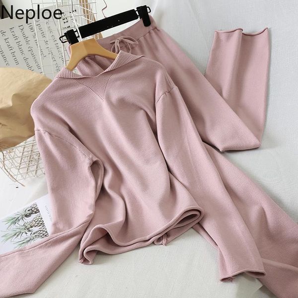 

two piece dress neploe 2021 spring set casual chic hooded knitted sweater and high waist wide leg pants women tracksuit 1a425, White