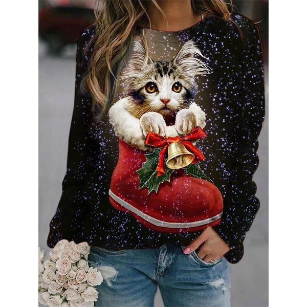 

christmas printed sweatshirt long sleeve round neck sweatshirt women, Black