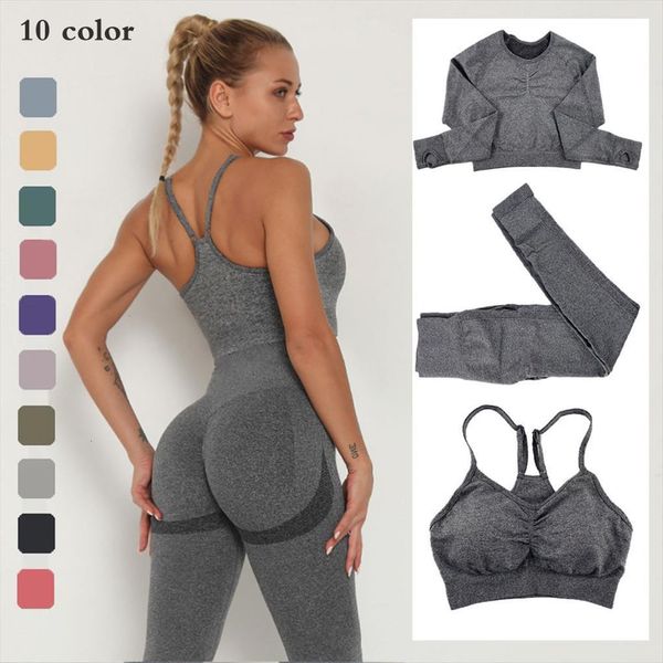 

seamless fitness suit gym set women tracksuits long sleeve leggings sets sport outfit for woman tracksuit workout clothes sports, Gray