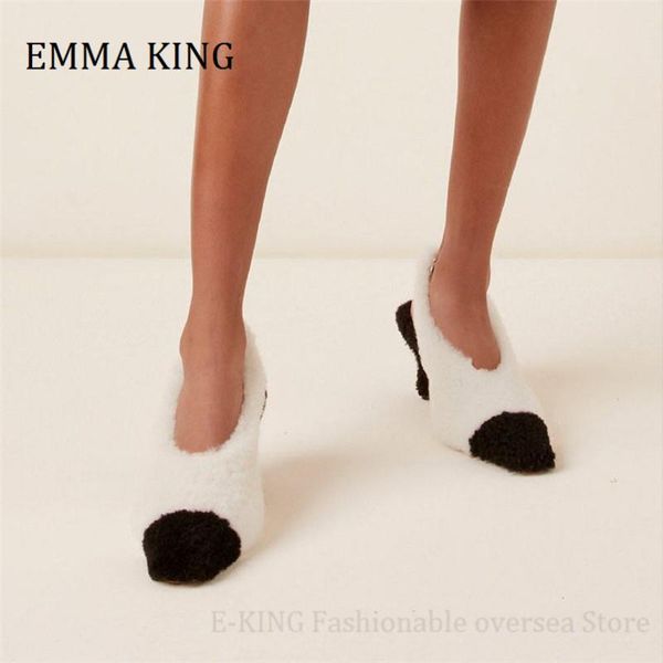 

2021 fall winter women wool pumps panda colour kitten heels office shoes short fur slip on gladiator party pumps shoes woman, Black