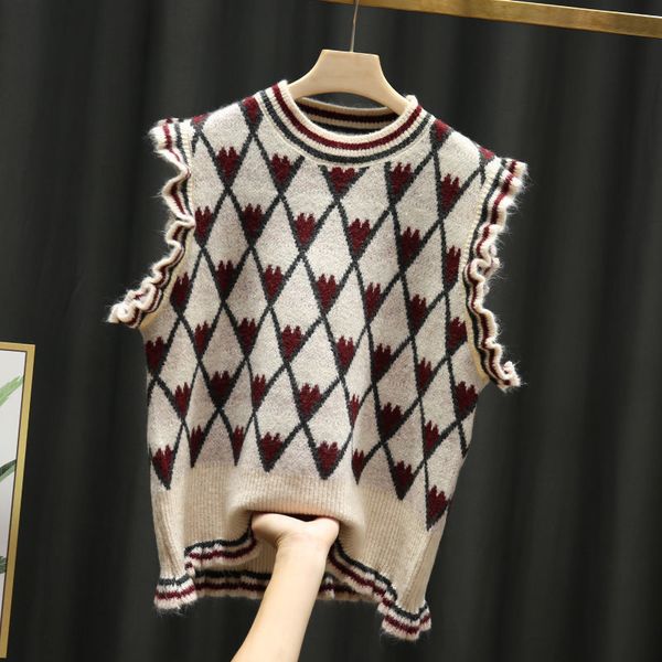 

2021-spring korean women knitted or crocheted vest-neck vest with loose printing warm pullover mesh tank y602 t6gl, White;black