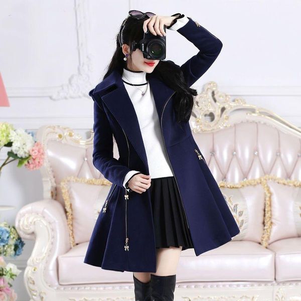 

women's wool & blends women coats clothing turn-down collar zipper mid-length slim thick warm lady woolen pleated dress outerwear, Black