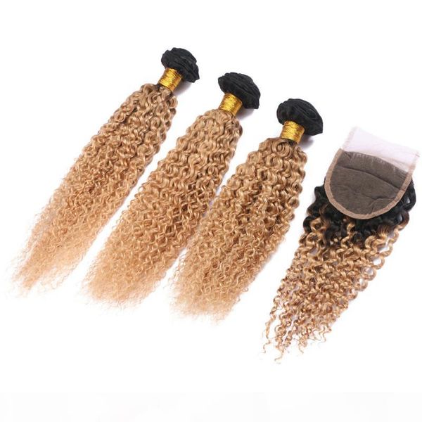 

peruvian kinky curly ombre hair with lace closure dark root 1b 27 honey blonde ombre virgin hair 3bundles with 4x4 lace front closure, Black