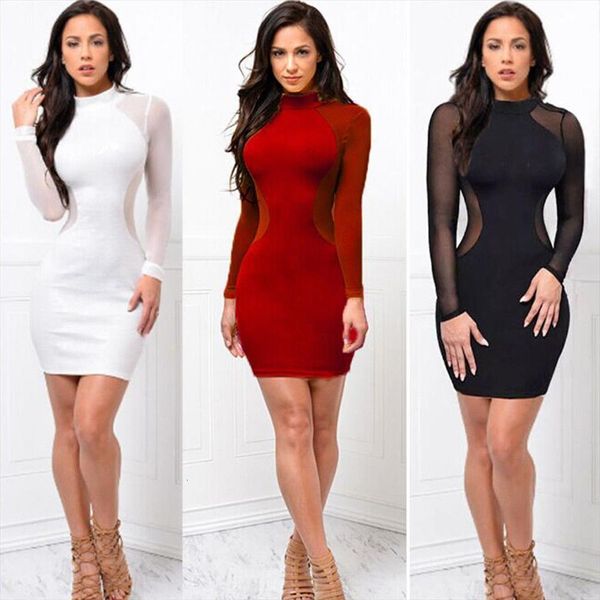 

skinny bodycon long sleeve womens dresses sheer see through party slim club wear casual short mini dress, Black;gray
