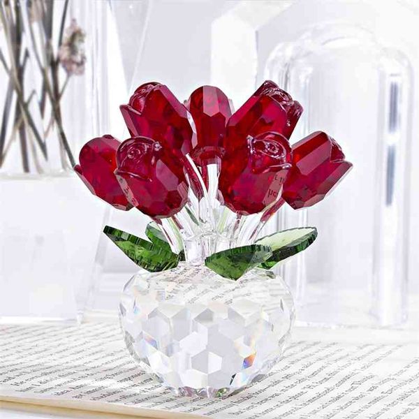 HD Crystal Red Rose Figurine Искусство Стекло Весенний Букет Мечта Орнамент Домашний Свадебный Декор Сувенирный Коллекционирующий подарок для ее / Мама 210811