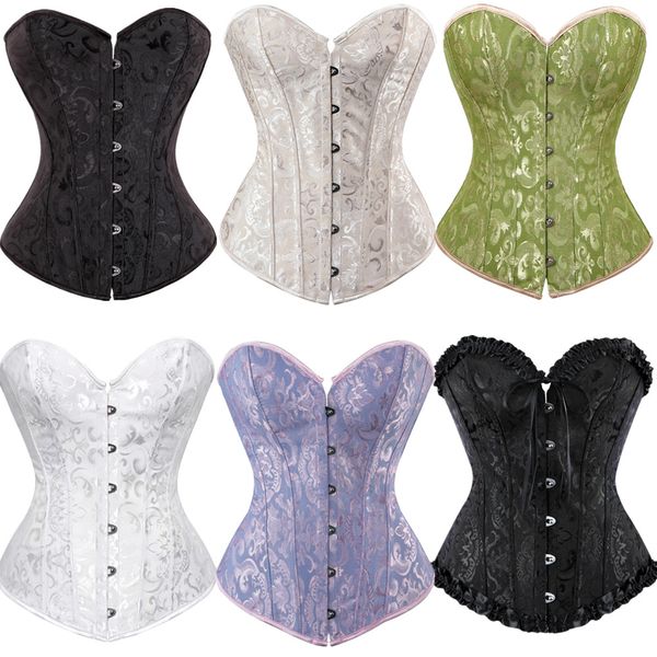 

women jacquard 12pcs plastic boned overbust white bridal corset back padded lingerie body shaper lace up corselet plus size xxs-6xl pink whi, Black;white
