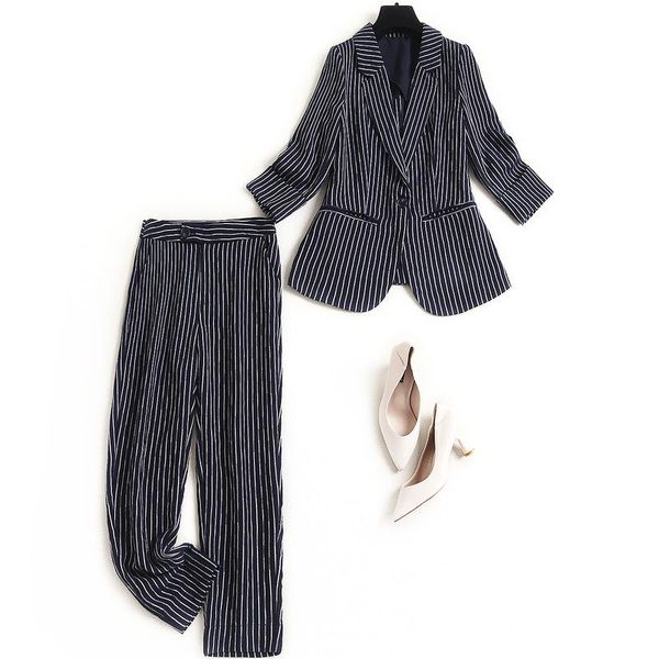 

women fashion striped pants suits spring summer 2021 office lady one button blazer and trousers elegant two piece outfits blue, White