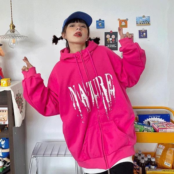 

women's jackets fall winter hooded women american fashion brand foam love imprint zipper lovers oversize casual with hoodie mwuf, Black;brown