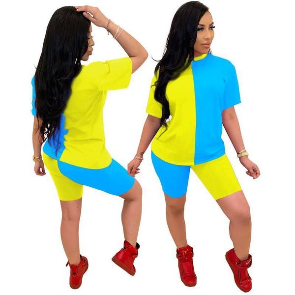 

2021 two piece set women skinny clothes color block t- shirt & biker shorts set sweat suits lounge wear outfits matching sets, Gray
