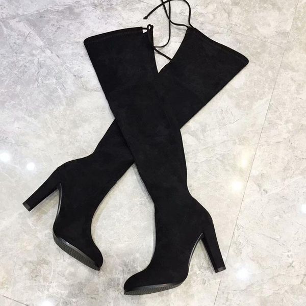 

boots long black tan suede leather stretch over the knee warm woman shoes chunky high heel sock lace up botines mujer 20211