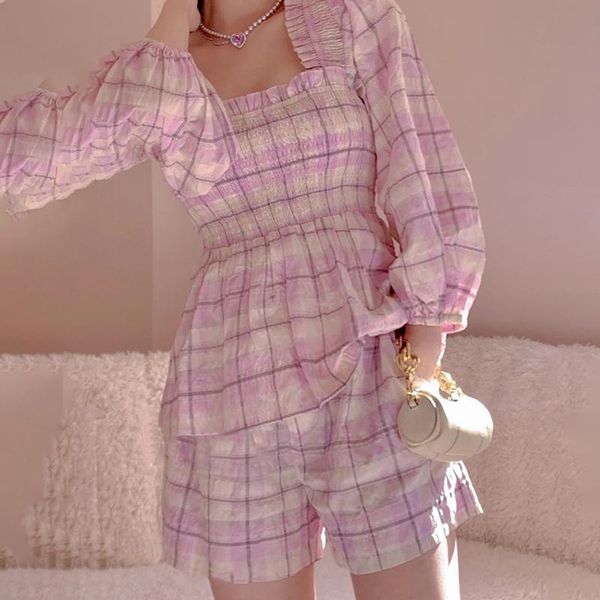 

women's tracksuits [ewq] korea chic casual trendy square collar plaid + loose fashion shorts two-piece set summer 2021, Gray