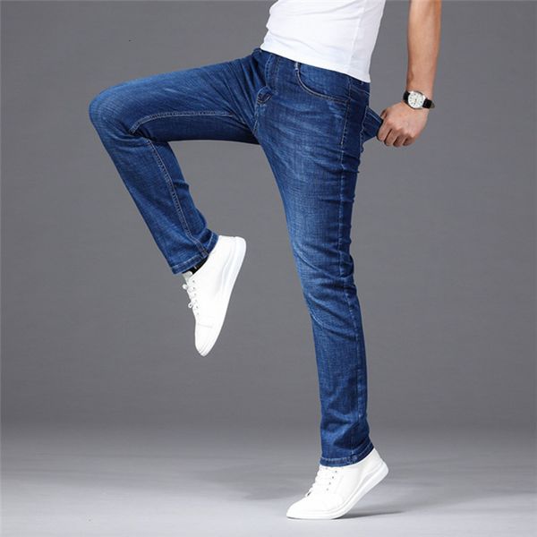 

four seasonal men's elastic leisure business regular fit denim causale broek clothing jeans for men, g1958, Blue