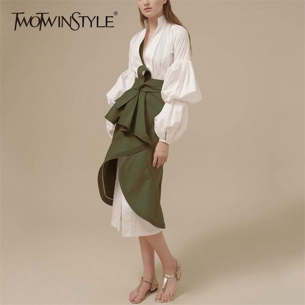 

twotyle skirt two piece set female v neck puff sleeve big size long dress with high waist lace up ruched irregular skirts 211106, White