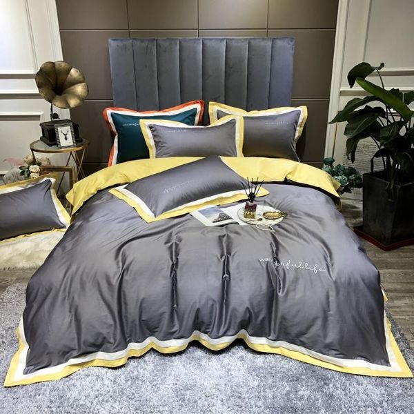 

bedding sets 60 egyptian long-staple cotton satin color matching four-piece simple pure plain embroidered quilt