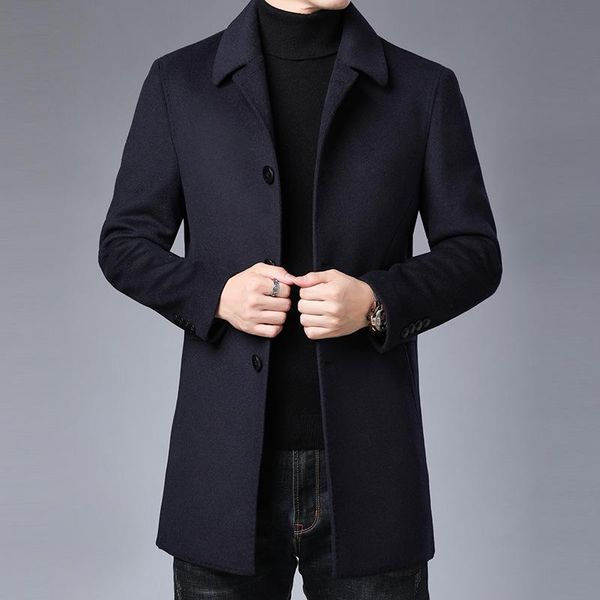 

men's wool & blends huagongzi double faced cloth thickened down liner cashmere coat medium long lapel for man, Black