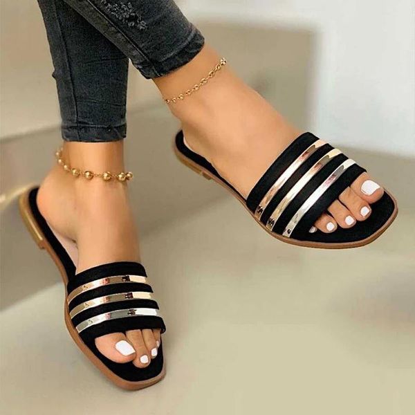 

slippers 2021 fashion for women summer slip on pu ladies flat shoes casual woman striped sandals female comfort slides, Black