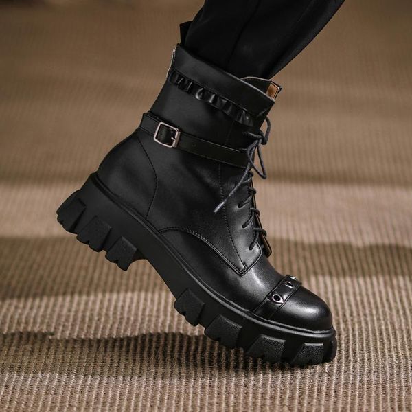 

boots lace up women shoes genuine leather witer thick high heels for clasic design retro basic round toe ankle, Black