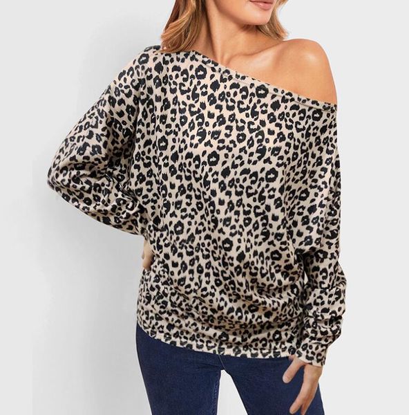 

new women's autumn leopard print off-shoulder loose long-sleeved blouse shirt, White