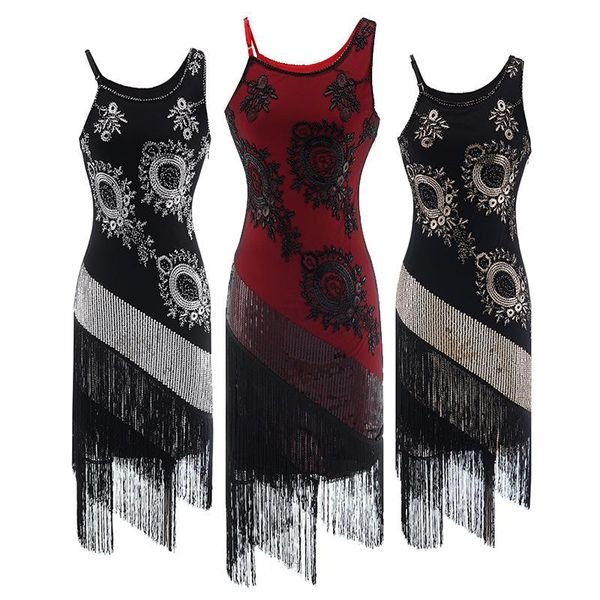 

casual dresses plus size xxxl vestido de festa flapper fringe 1920s vintage great gatsby sequin embroidery party dress slip summer, Black;gray