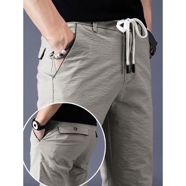 

leisure pants ice silk summer autumn trousers men's ultra-thin solid smart casual sports air-conditioned long mens pants brand, Black