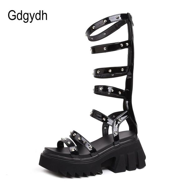 

sandals gdgydh street style roman knee high gladiator women rivet platform chunky heels punk rock gothic shoes zipper comfort, Black