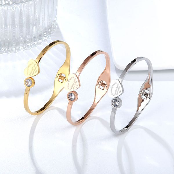 

new arrival open spring adjustable size crystal and peach heart bracelet for women stainless steel brand jewelry love gift, Black