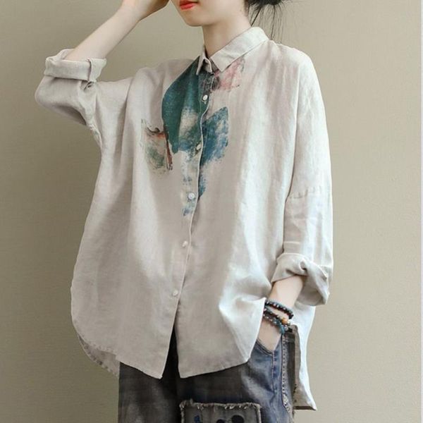 

new arrival autumn women long sleeve loose plus size arts vintage print cotton linen casual blouse ladies d405, White