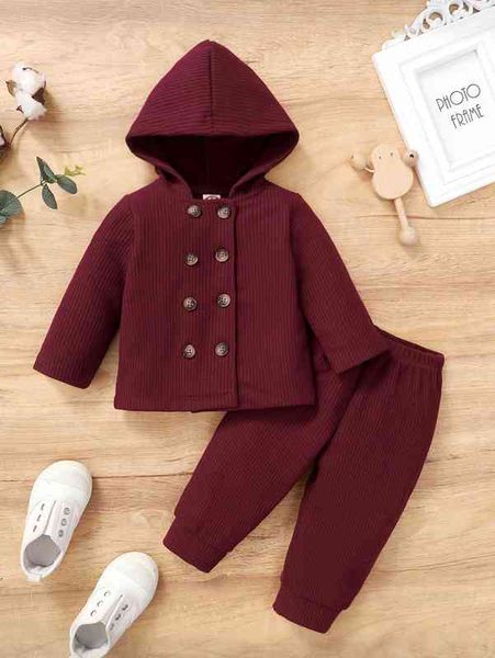 

baby double breasted hooded coat & sweatpants she, White