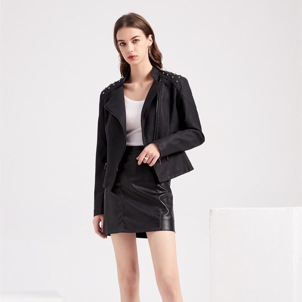 

women's leather & faux jacket winter autumn slim moto biker zipper coat black