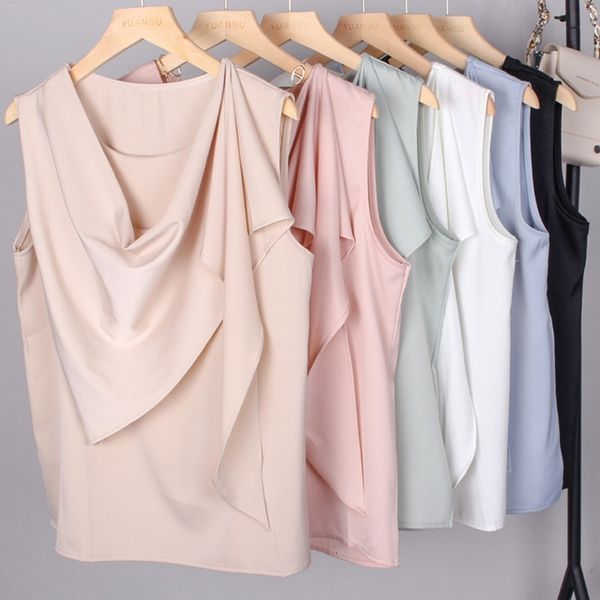 

women's knits & tees elegant fashion halter shawl acetate satin sleeveless shirt for womens drape silky two-wear vest fol, White