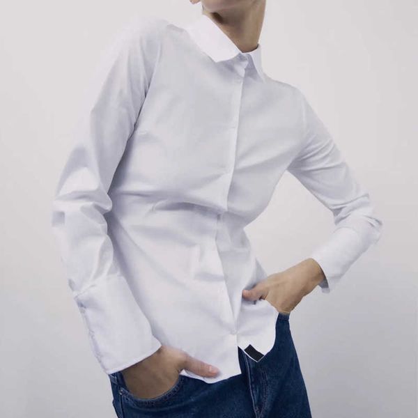 

za spring autumn women retro simple style slim long sleeve shirt basic white casual chic xitimeao 210604