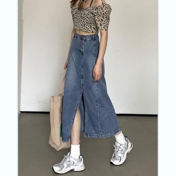 

skirts korean split denim skirt women's loose style in spring and summer, Black