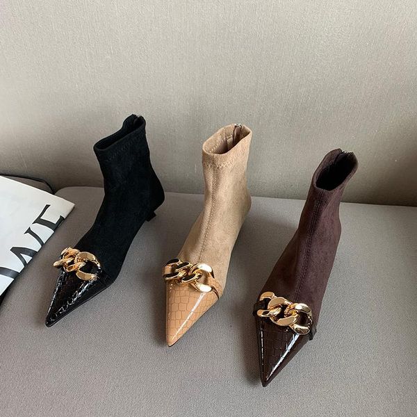 

boots pointed toe women ankle sock booties metal chain thin low heels black/brown/beige back strap short