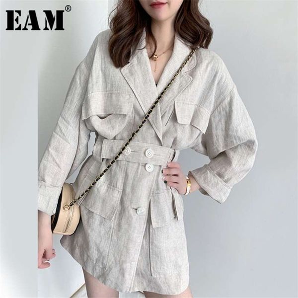 

[eam] loose fit linen button split joint big size jacket lapel long sleeve women coat fashion spring 1x5010 210928, Black;brown
