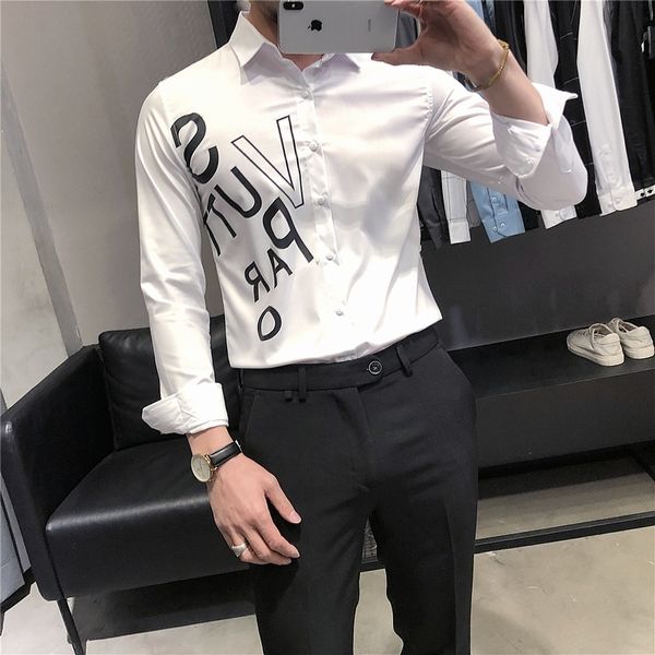 

new primavera nova 2021 manga longa camisas de vestido dos homens branco/preto simples todos os match carta imprimir magro ajuste casual kvk, Black;brown